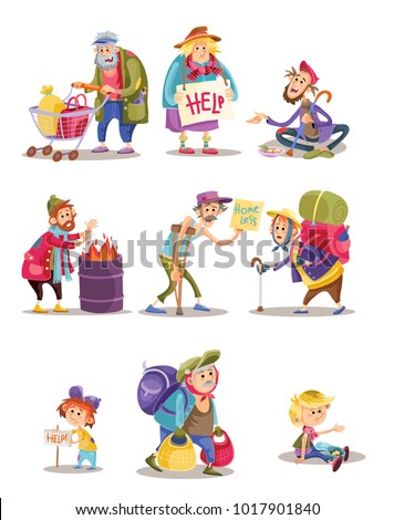 Homeless and beggars people vector cartoon illustration. Bum and homeless vagrant characters of woman and child begging alms, man panhandler in poverty at fire barrel flat isolated icons set