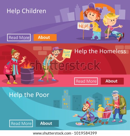 Help to homeless people vector illustration for social charity project web banners. Flat design of poverty charity organization for help to beggars or homeless bum and children begging 