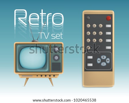 Retro TV set and remote control vector illustration. Vintage screen display television retro icons design for news broadcasting or entertainment poster and internet media technology banner