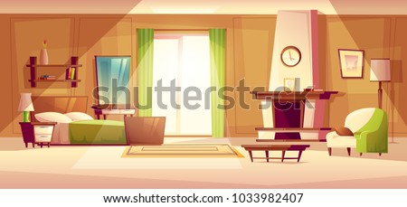 Vector cartoon illustration of cozy modern bedroom, living room with double bed, fireplace, armchair, bookshelf, dresser, carpet, interior inside. Colorful background, apartment concept with furniture