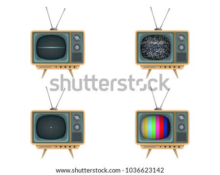 Vector illustration of vintage tv set, television. Turning on, off, white noise, test card, start-up closedown test. Retro electric video display for broadcasting, news. Technology icons