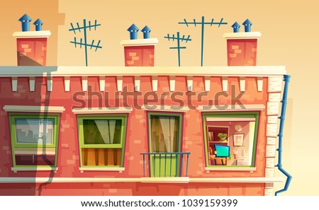 Vector illustration of facade multi-storey apartment, home outside concept, roof of the building with tv antennas. Architecture in cartoon style. Advertising, promotion background.