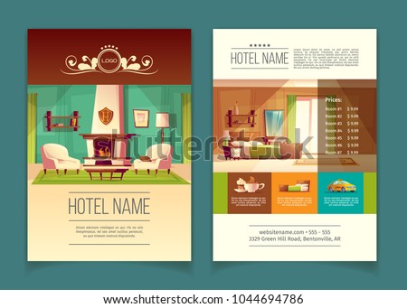 Vector cartoon colorful brochure, advertising leaflet with hotel apartments, rooms with furniture, interior inside. Hostel, guesthouse, motel service list with prices, mockup with front and back sides