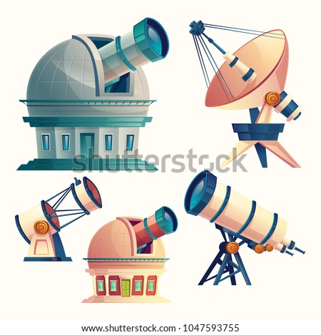 Vector cartoon set with astronomical telescopes, observatories, planetarium, satellite dish. Scientific equipment and optical devices with lenses for observation the sky, stars, cosmos, planets