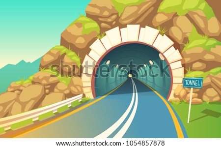 Vector cartoon illustration of tunnel, highway. Grey asphalt with road marking, connector inside the mountain. Pathway out of the city, countryside way.