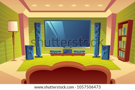 Vector cartoon home theater, audio video system with remote control inside the hall. Plasma monitor on the wall, tv, speakers, sofa, furniture. Modern interior, electronic device with stereo surround