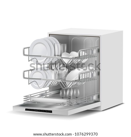 Vector 3d realistic white dishwasher machine with three metal racks, filled with clean plates, glasses, cups, cutlery, side view isolated on background. Modern household appliance for washing dishes