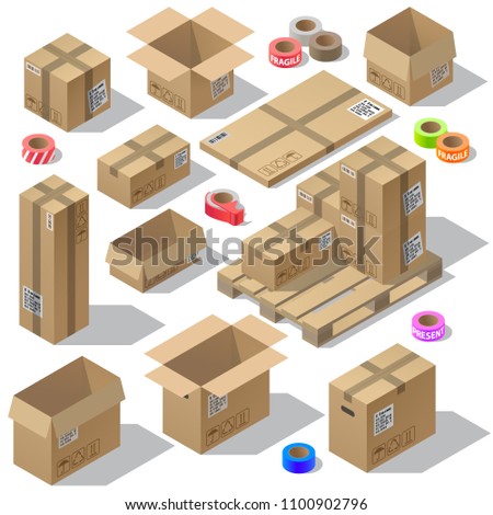 Vector 3d isometric set of cardboard packaging, mail with adhesive tapes for delivery. Packages isolated on white background. Open and closed pasteboard boxes of different shapes on wooden pallet