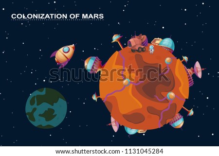 Vector cartoon mars colonization concept. Red planet in space, cosmos with colony buildings for terraforming. Different bases with spaceships. Futuristic technology, sci-fi construction, exploration