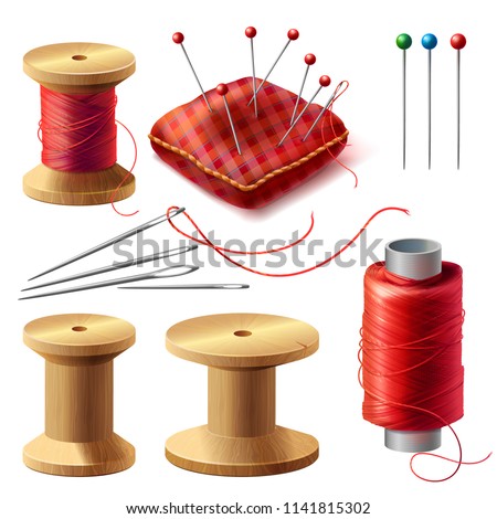 Vector realistic set of sewing supplies isolated on background. Tools for tailoring, needlework and clothing repair, red thread spools, wooden bobbins, needles kit, pins in decorative cushion