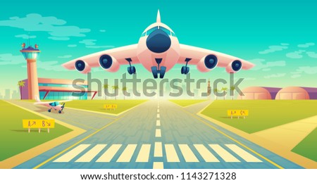 Vector takeoff of the plane on a landing strip for airplanes near of terminal, control room in tower. Asphalt runway - crossroad for passenger transportation, landscape with hangars, buildings.