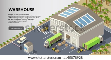 Vector isometric warehouse, delivery service illustration. Storage building with trucks ready for shipping, forklifts with cargo. Web page with button and space for text, logistics concept banner