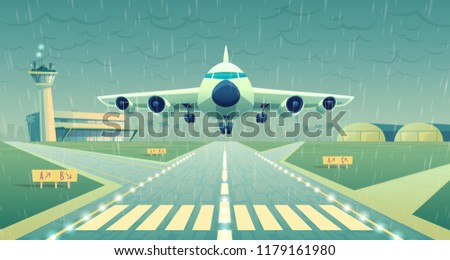 Vector cartoon illustration, white airliner, jet over runway. Takeoff or landing of commercial airplane in difficult weather conditions on background airport building and heavy rain. Concept banner