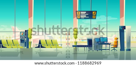 Airport security check vector illustration of terminal with passenger and baggage X-ray scanner checkpoint. Cartoon interior of waiting hall seats with view to airfield. Comfort and safety concept