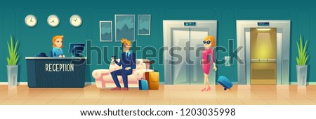 Vector cartoon background of hotel reception. Manager, receptionist behind the desk, guest with baggage at hall. Lobby with sofa, elevator and clocks. Tourism, business trip concept. Interior of inn.