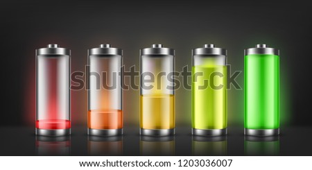 Vector set of battery charge indicators with low and high energy levels isolated on background. Full charged and discharged accumulators with colorful glow. Icons for gadget interfaces, mobile apps