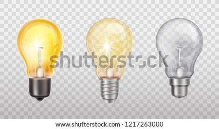 Vector realistic set with incandescent lamps, glowing yellow light bulbs, isolated on transparent background. Electric lightbulb, symbol of creative ideas, business solutions, innovations