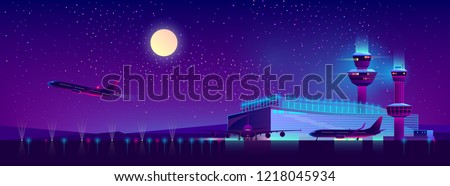 Vector background of night airport with takeoff of the plane in ultraviolet colors. Terminal, control room in bright neon lights, modern illumination. Night sky, landscape with hangar, building.