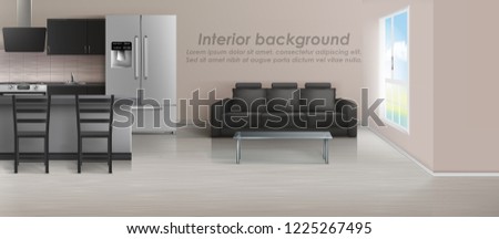 Vector mockup of studio apartment with living room and kitchen. Modern interior with furniture, black sofa with glass table, beige walls and large window. Contemporary design, template for roll banner
