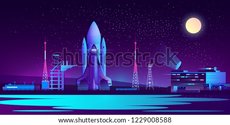 Vector spaceport at night with rocket, control room and radio tower. Science cosmic base, rocket or spaceship ready to launch in ultra violet colors on full moon background. Technology concept.