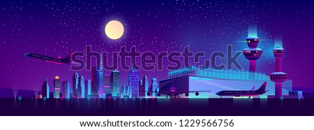 Modern airport cartoon vector with airliners standing near terminal with control tower, taking off from runway on background of night city skyscrapers neon light illustration. Metropolis transport hub