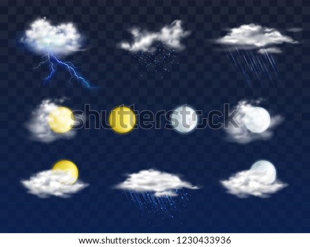 Set of weather forecast app realistic vector icons with various clouds, sun and moon disks illustration isolated on transparent background. Meteorologic calendar day, night 3d pictograms collection