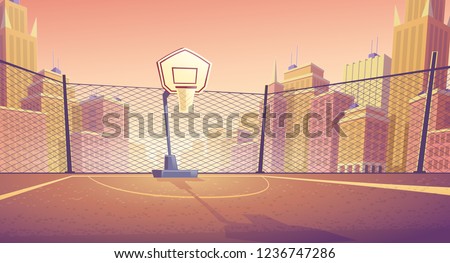 Vector cartoon background of basketball court in city. Outdoor sports arena with basket for game. Street playground in town for competition, championship. Backdrop with metal lattice and skyscrapers.