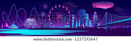 Vector urban concept background with night city illuminated with neon glowing lights. Festive cityscape with modern buildings, skyscrapers, amusement park with ferris wheel and firework on river bank