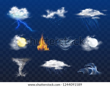 Day, night weather forecast icon, natural disaster 3d realistic vector set isolated on transparent background. Bad weather with rain, snow, cold wind. Climate changes concept design element collection