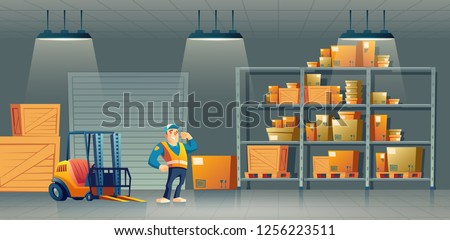 Delivery, cargo logistics or postal service warehouse interior cartoon vector with hydraulic forklift, racks filled boxes on palettes and happy smiling worker in uniform showing biceps illustration