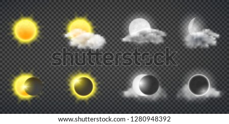 Sun activity or weather forecast, moon calendar 3d realistic vector design elements set. Sun, full and young moon disks in clouds and during eclipse illustrations isolated on transparent background