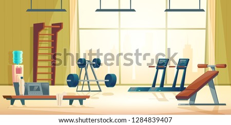 Modern sport club gym cartoon vector interior with treadmill, abdominal bench, barbell and dumbbell on stand in spacious room illustration. Contemporary fitness equipment. Active and healthy lifestyle