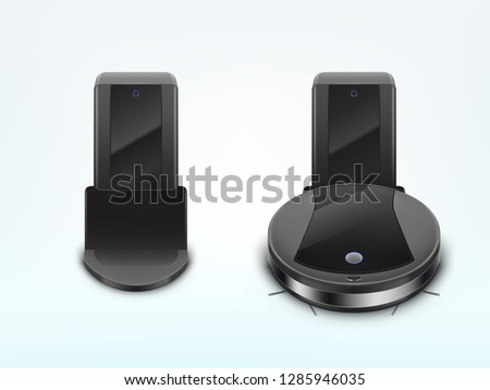 Modern robot vacuum cleaner charging battery, waiting for command on docking station 3d realistic vector. Home smart appliance for automatic vacuuming, digital device for house cleaning illustration