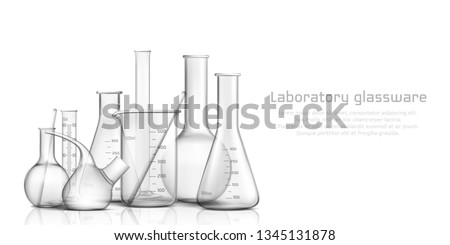 Chemical, biological science laboratory glassware collection 3d realistic vector banner, poster. Empty, graduated with milliliters scale glass tube, beaker and flask illustration on white background