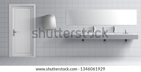 Public lavatory room interior 3d realistic vector. Toilet washing basins row with metal faucets on marble plate, liquid soap dispensers, hand drier unit, long mirror on grey tilled wall illustration