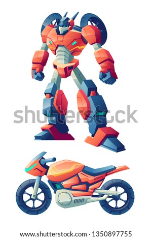 Red battle robot capable to transform in racing motorcycle, sport bike cartoon vector character isolated on white background. Alien warrior, cybernetic organism, children popular toy illustration