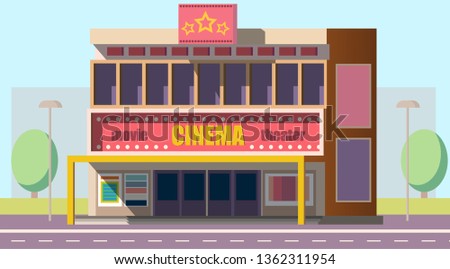 Movie theater, cinema hall, film house two-storey building with illuminated signboard and movie posters on entrance flat vector. Modern entertainment industry, city architecture object illustration