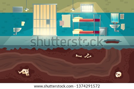 Prisoners or dangerous criminals group escape from jail to freedom cartoon vector concept with empty prison cell interior, hole punched in cement floor and underground tunnel dug in soil illustration