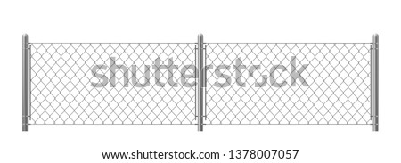 Wire fence isolated on white background. Two segments rabitz gate with rhombus cell, perimeter protection barrier construction separated with poles. metal steel grid. Realistic 3d vector illustration.