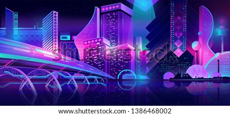 Future metropolis streets night skyline cartoon vector with illuminated blue and violet neon lights futuristic skyscrapers, bridge, subway railroad over city bay illustration. Sci-fi urban background