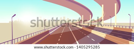 Empty two-lane speed highway, modern freeway with median barrier, overpass or bridge in above going to metropolis on horizon cartoon vector. City transport network infrastructure element illustration