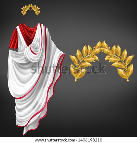 Ancient white toga on red tunic and golden laurel wreath 3d realistic vector isolated on black background. Roman empire emperor, glorious republic citizen, famous philosopher clothing, triumph symbol