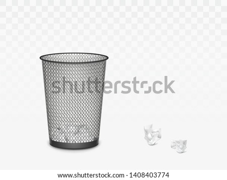 Trash can with crumpled paper inside and around. Office, home litter bin for thrown sheets, wastepaper garbage basket isolated on transparent background. 3d Realistic vector illustration, clip art