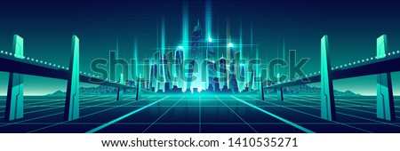 Science fiction metropolis, virtual world city cartoon vector. Two bridges, highways, going on glossy surface with neon grid to shiny, futuristic skyscrapers on horizon fluorescent color illustration