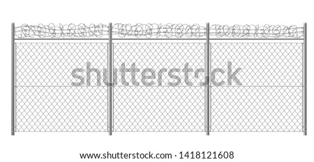 Chain-link fence fragment with metallic pillars and barbed or razor wire 3d realistic vector illustration isolated on white background. Secured territory, protected area or prison fencing