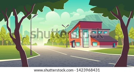 Comfortable dwelling in clean place outside the town cartoon vector concept. Modern cottage house building with flat and sloping roof, glass facade and garage in suburb near metropolis illustration
