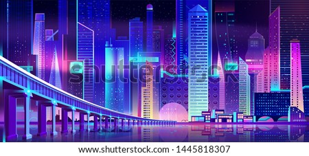 Night city with neon lights and bridge above water bay surface. Futuristic illuminated urban architecture, panoramic view cityscape, modern megapolis buildings exterior. Cartoon vector Illustration