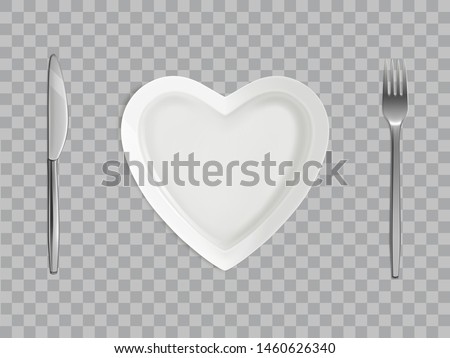 Heart shaped plate, fork and knife, empty table setting isolated on transparent background, top view, Valentine day romantic dish, love symbol. Ceramic holiday utensil Realistic 3d vector illustration