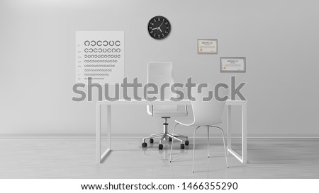 Oculist office, empty optometrist cabinet interior, ophthalmologist doctor workplace with turning seat, chair for patient, test check vision chart, certificate on wall Realistic 3d vector illustration