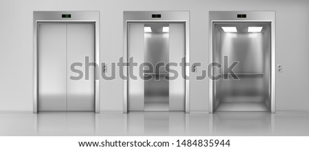 Modern passenger or cargo elevators, lifts with closed, opened and half closed, metallic cabins doors, floor indicators digits and glossy flooring in empty corridor 3d realistic vector illustration